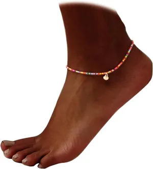 Bohemian Colorful Rice Beads Ankle Bracelet for Women,Dainty Adjustable Gold Shell Anklet Handmade Foot Jewelry