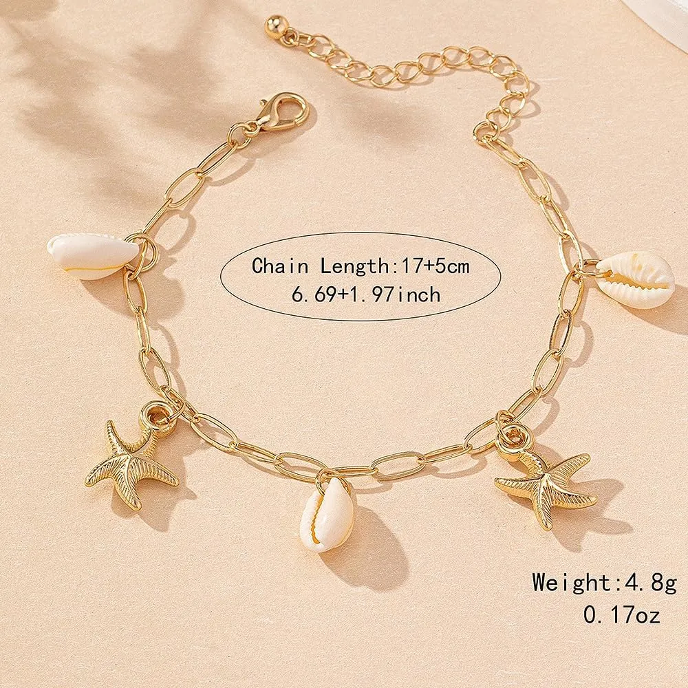Charm Starfish Shell Ankle Bracelets for Women, Trendy 14K Gold Paperclip Chain Sea Star Statement Anklets Boho Ocean Holiday Seashell Foot Jewelry