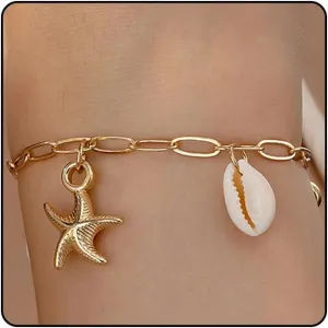 Charm Starfish Shell Ankle Bracelets for Women, Trendy 14K Gold Paperclip Chain Sea Star Statement Anklets Boho Ocean Holiday Seashell Foot Jewelry
