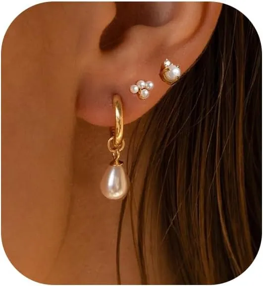 Ewrkbr 14k Gold Plated Pearl Hoop Earrings for Women - Dainty Huggie Stacks, Hypoallergenic Cute Cartilage Studs, Trendy Fashion Jewelry
