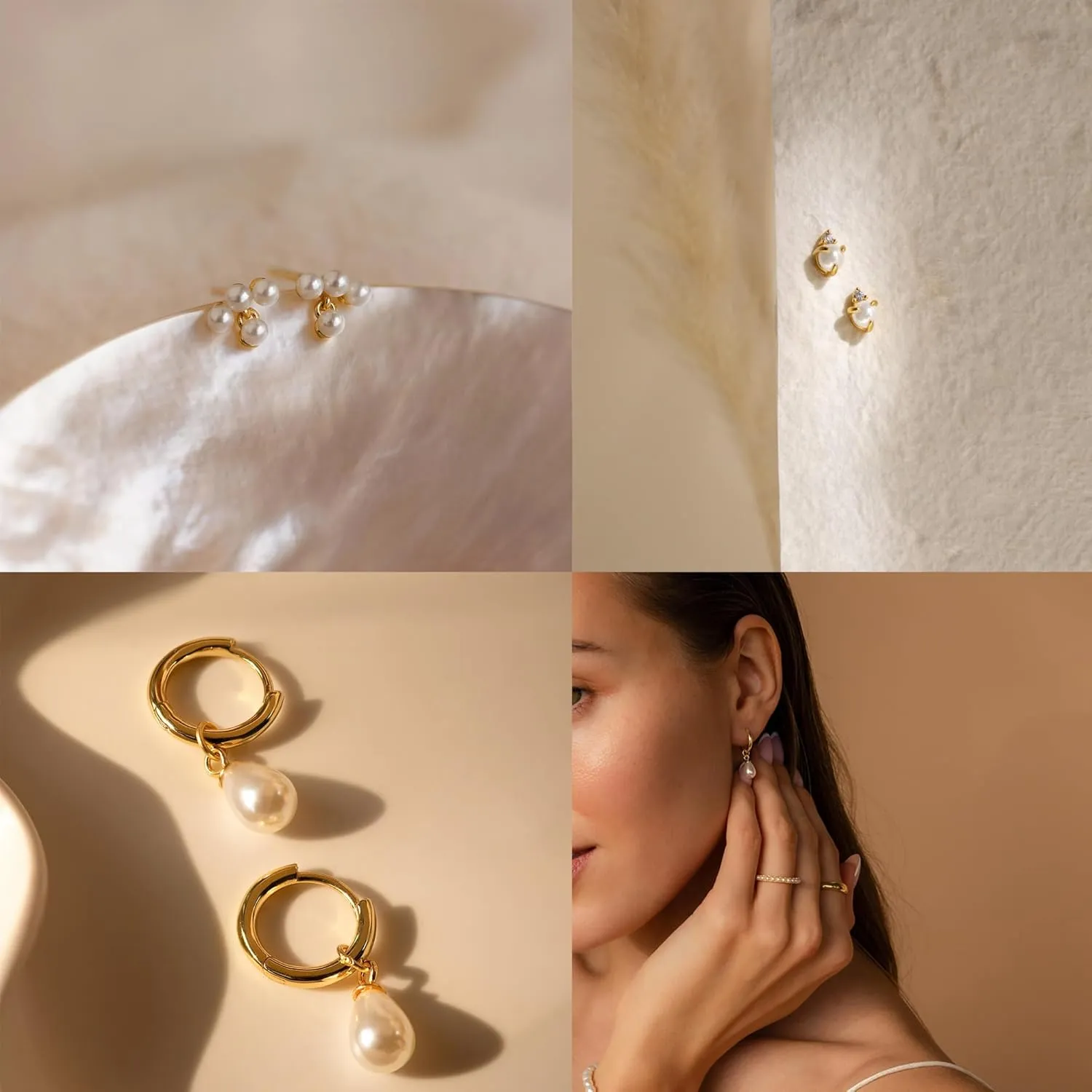 Ewrkbr 14k Gold Plated Pearl Hoop Earrings for Women - Dainty Huggie Stacks, Hypoallergenic Cute Cartilage Studs, Trendy Fashion Jewelry