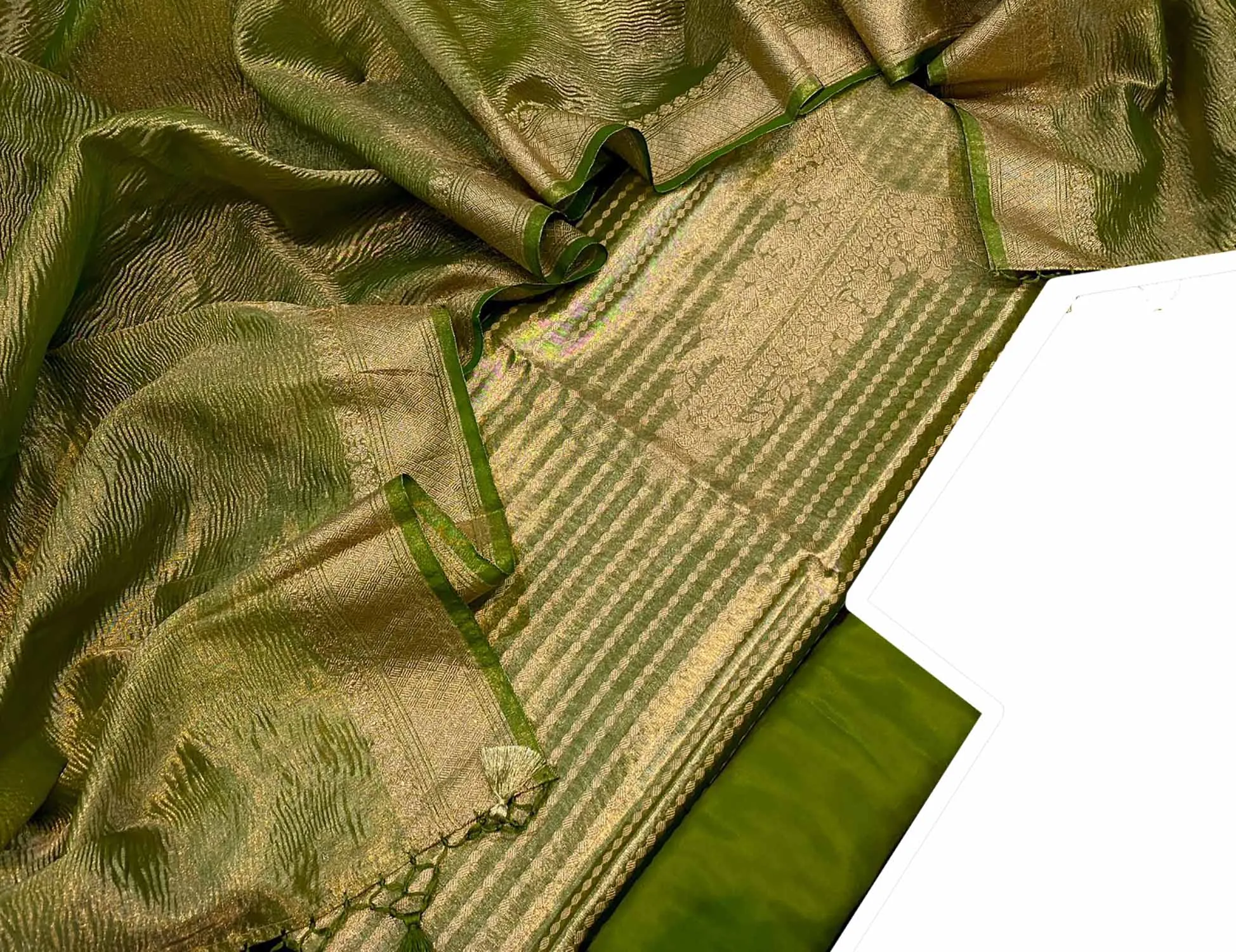 Green Banarasi Tissue Silk Three Piece Unstitched Suit Set