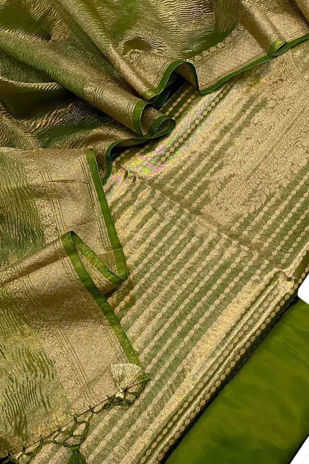 Green Banarasi Tissue Silk Three Piece Unstitched Suit Set