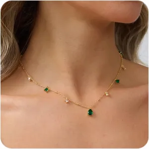 RLMOON Gold Necklaces for Women 14K Gold Plated CZ Diamond Choker Necklace Red Emerald Green Blue Black Teardrop Necklace for Wedding Bridesmaid Prom Trendy Gold Jewelry Gift