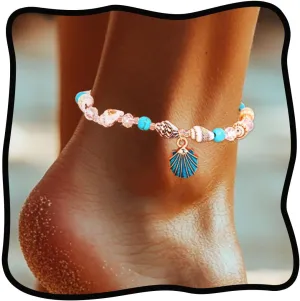 Urieo African Beaded Ankle Bracelets for Women Shell Blue Anklets Beads Beach Womens Anklet Bracelet Foot Chain Jewelry